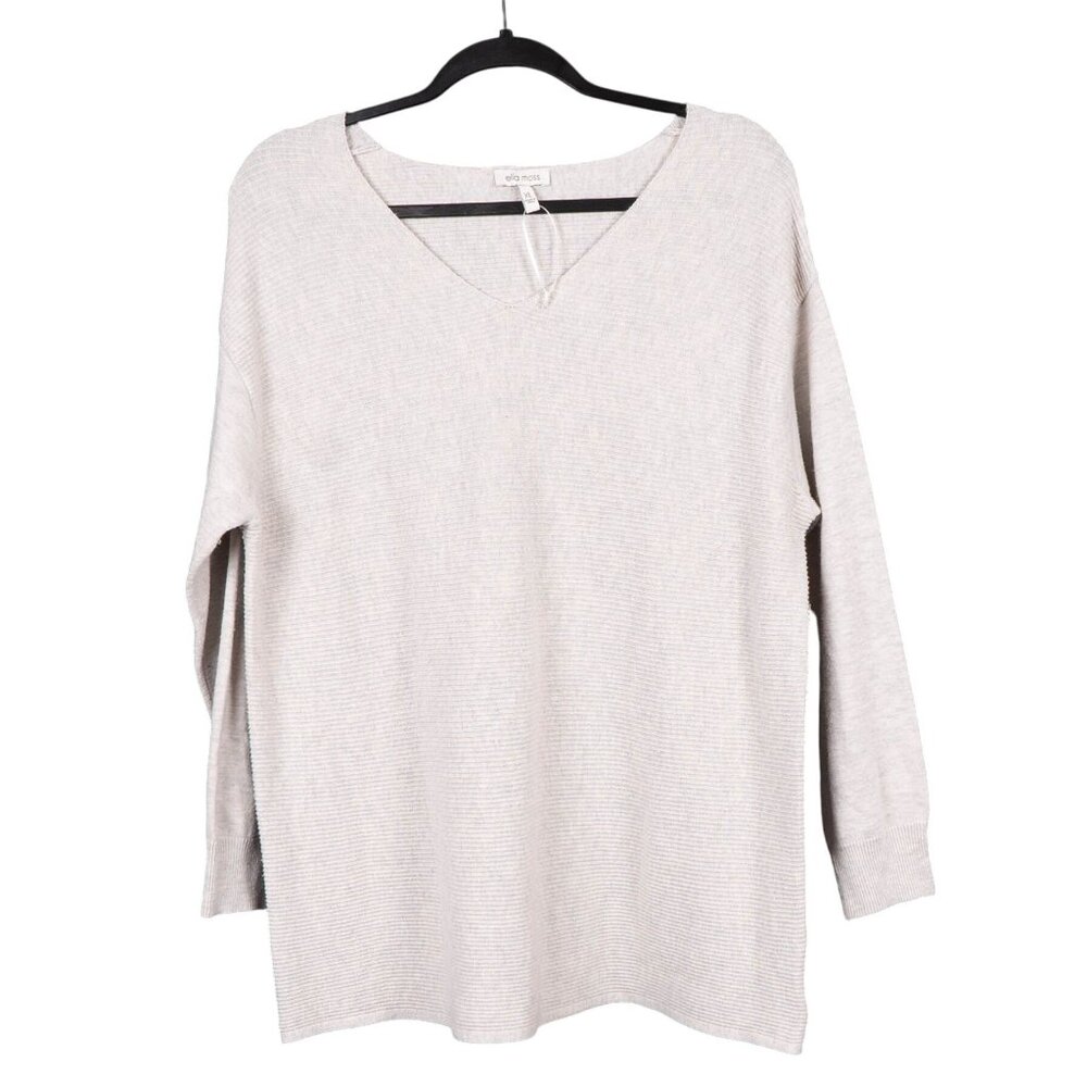 Ella Moss XL Sweater Womens Beige Ribbed Textured Knit VNeck Long Sleeve Cozy